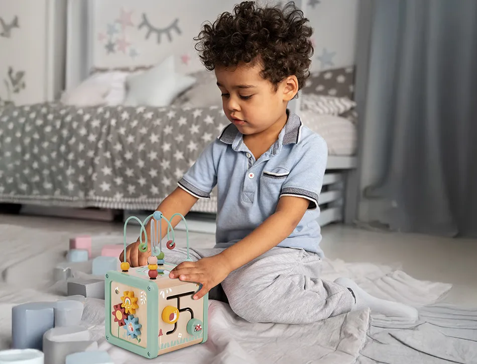 Jeu enfant imaginovo cubes d'activites bois +18mois 15,5x15,5x28 cm