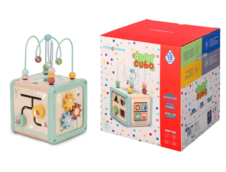 Jeu enfant imaginovo cubes d'activites bois +18mois 15,5x15,5x28 cm