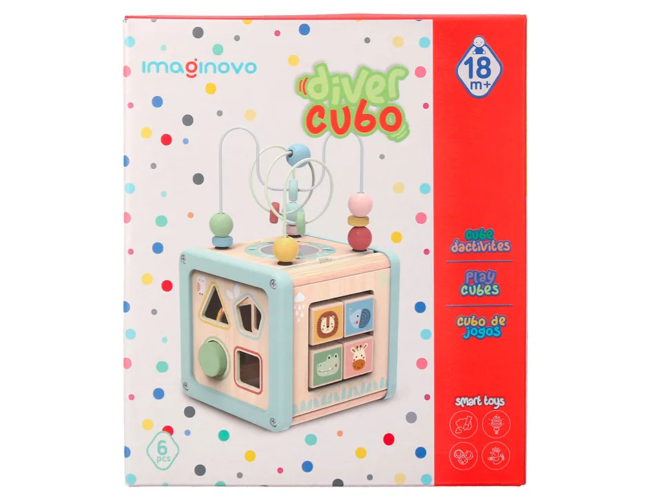 Jeu enfant imaginovo cubes d'activites bois +18mois 15,5x15,5x28 cm
