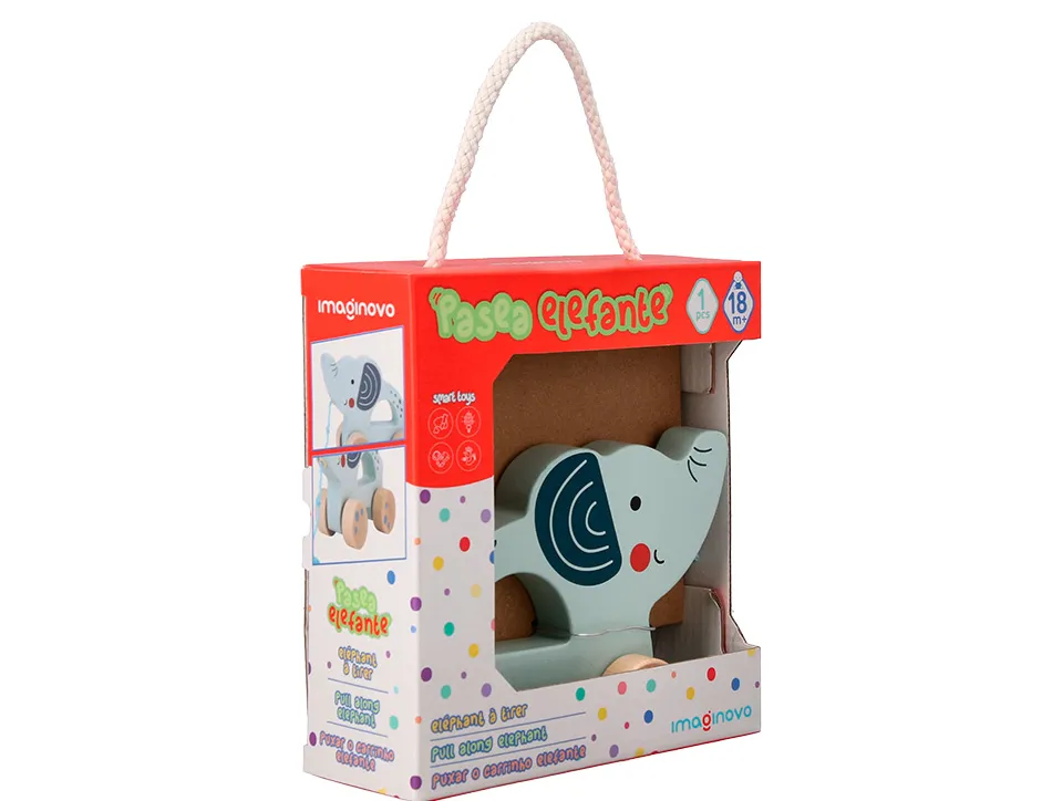 Jeu enfant imaginovo elephant a tirer avec roues bois +12 mois 13,4x10x5,4 cm