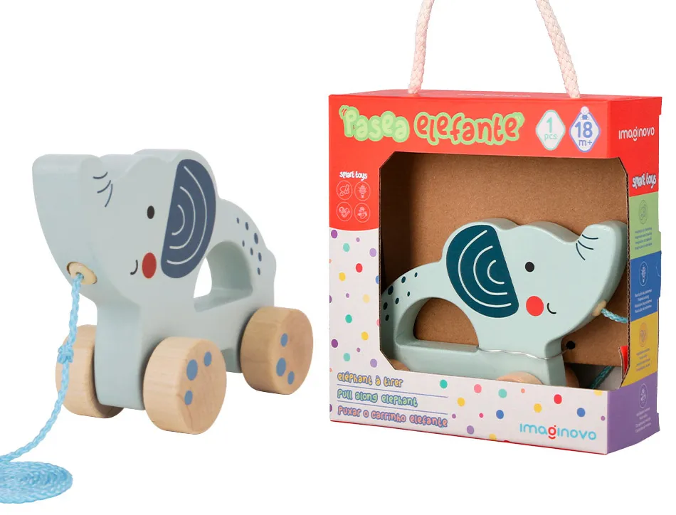 Jeu enfant imaginovo elephant a tirer avec roues bois +12 mois 13,4x10x5,4 cm