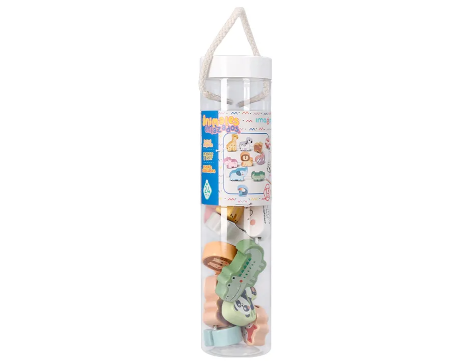 Jeu enfant imaginovo perles d'animaux a enfiler bois +24 mois 13 pieces 27x6,5x6,5 cm