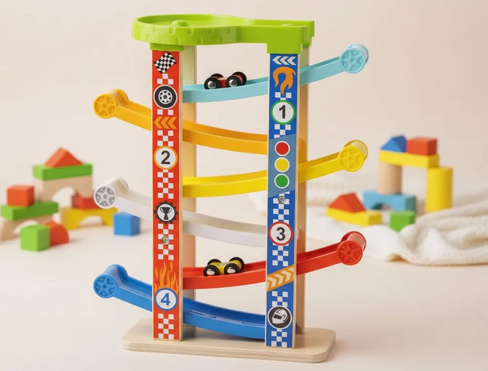 Jeu enfant imaginovo tour a toboggan bois 7 niveaux 6 voitures inclus +18 mois 38x32x14 cm