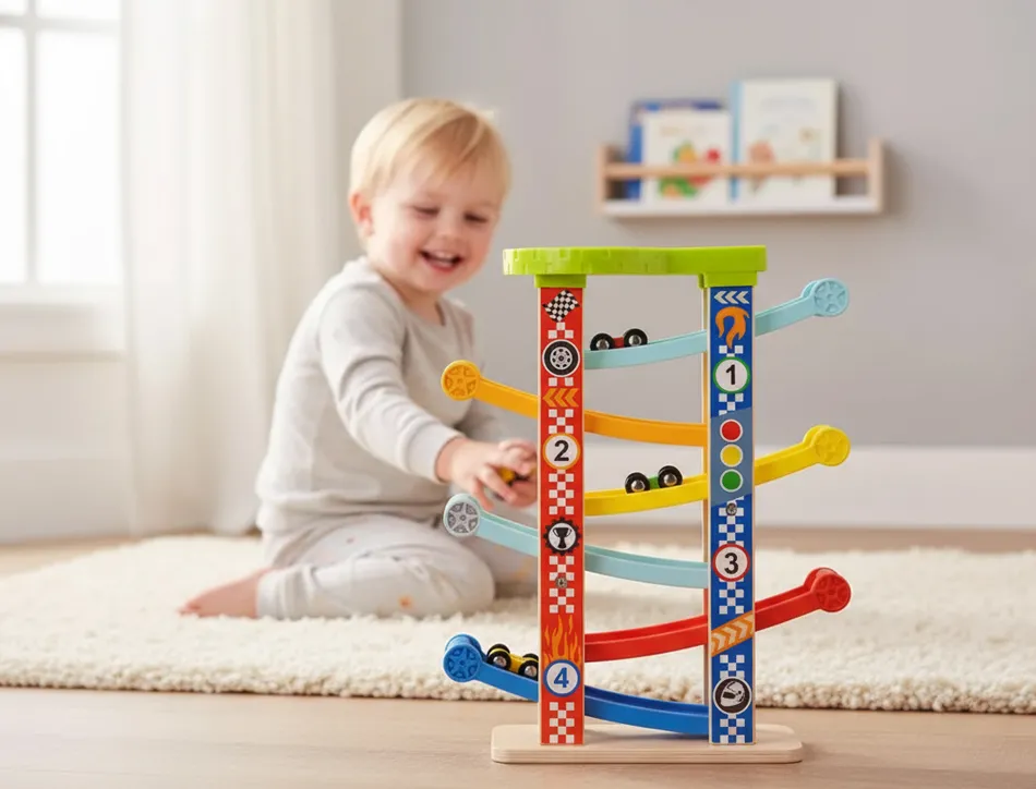 Jeu enfant imaginovo tour a toboggan bois 7 niveaux 6 voitures inclus +18 mois 38x32x14 cm