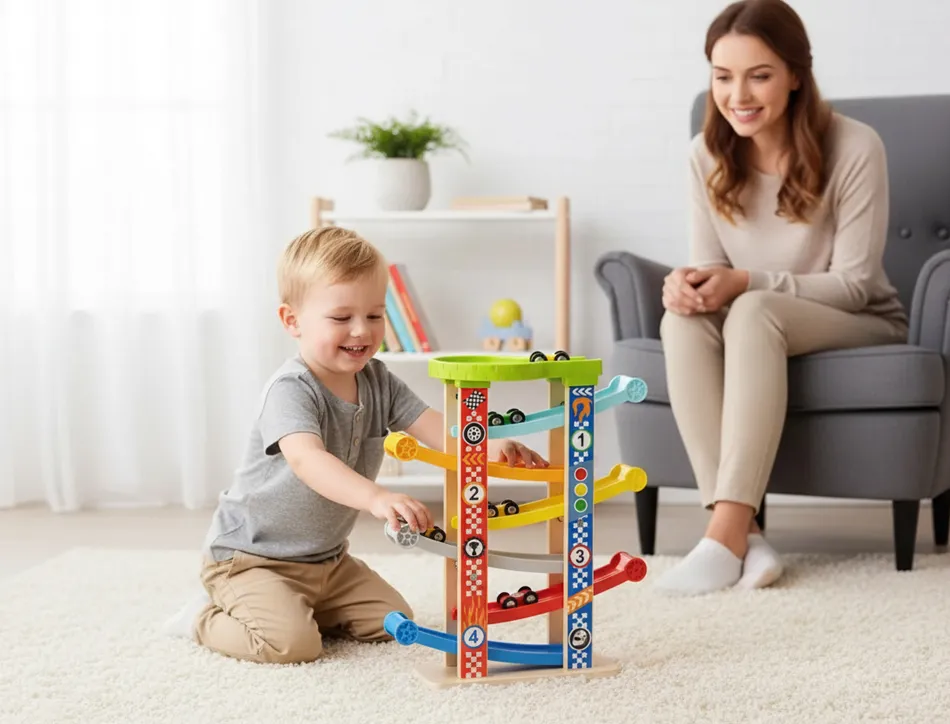 Jeu enfant imaginovo tour a toboggan bois 7 niveaux 6 voitures inclus +18 mois 38x32x14 cm
