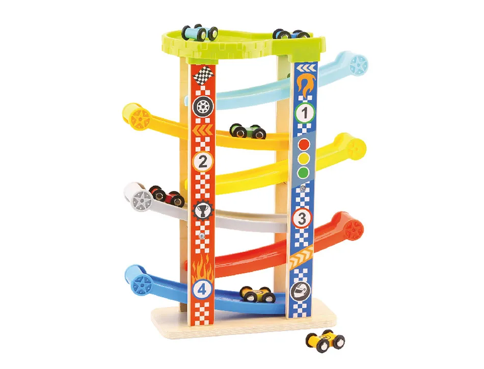 Jeu enfant imaginovo tour a toboggan bois 7 niveaux 6 voitures inclus +18 mois 38x32x14 cm