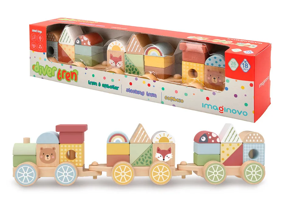 Jeu enfant imaginovo train formes empilables avec roues bois +18 mois 38x9,5x7,5 cm