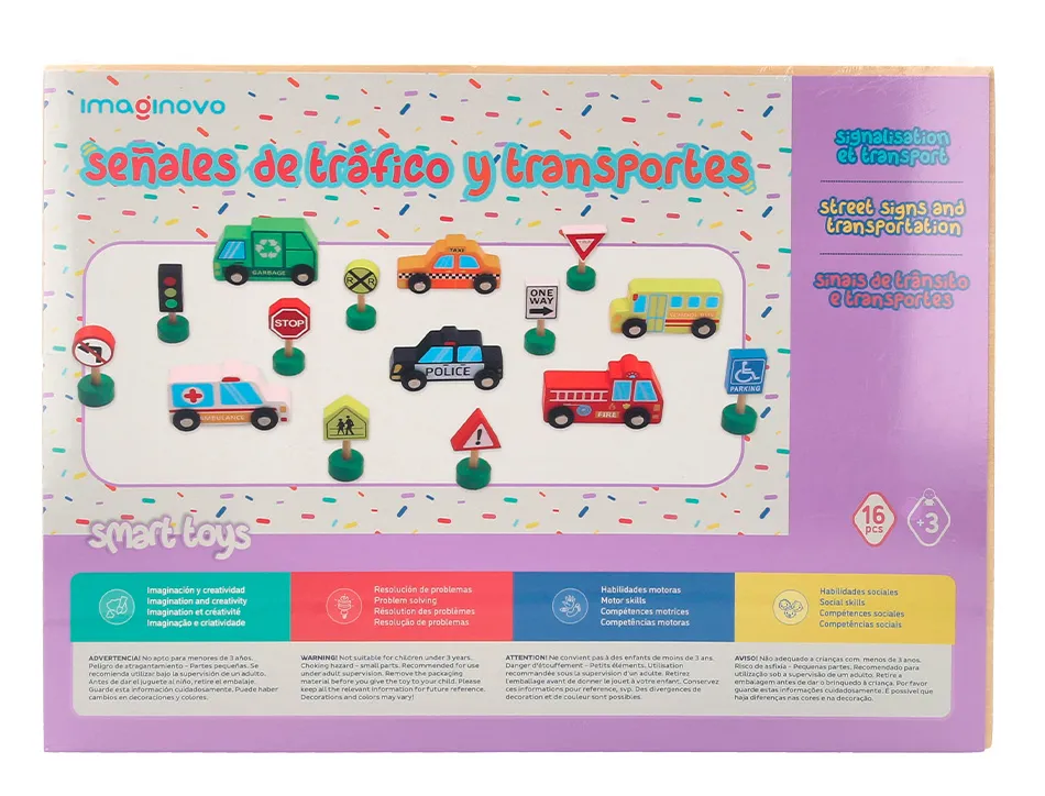 Jeu enfant imaginovo vehicules et panneaux signalisation bois +3 ans 16 pieces 30x22x4 cm