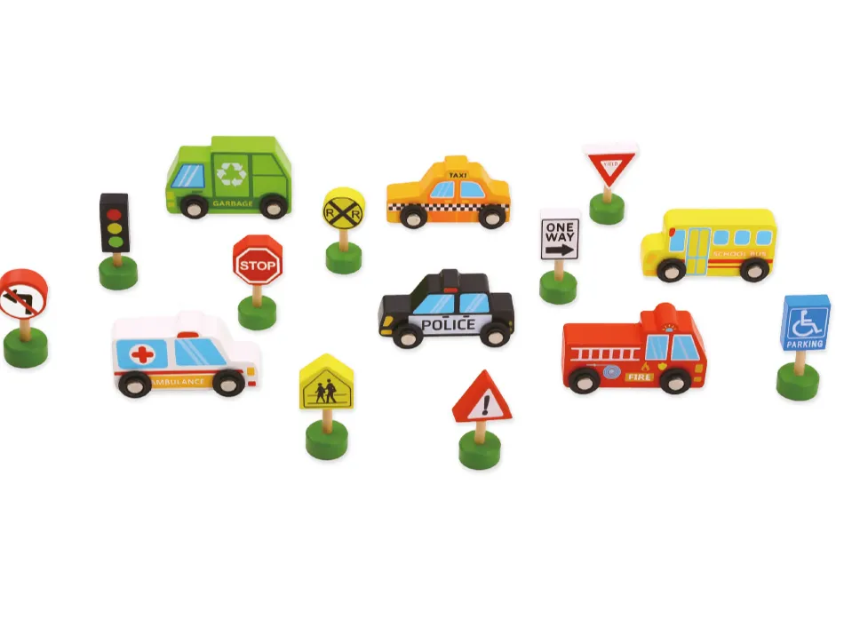 Jeu enfant imaginovo vehicules et panneaux signalisation bois +3 ans 16 pieces 30x22x4 cm
