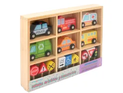 Jeu enfant imaginovo vehicules et panneaux signalisation bois +3 ans 16 pieces 30x22x4 cm