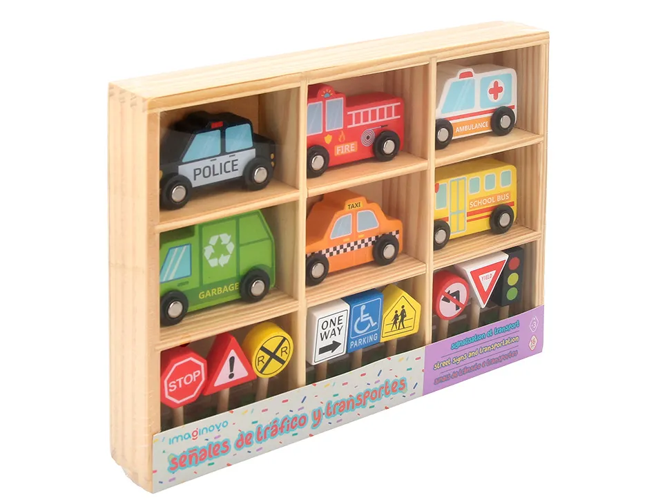 Jeu enfant imaginovo vehicules et panneaux signalisation bois +3 ans 16 pieces 30x22x4 cm
