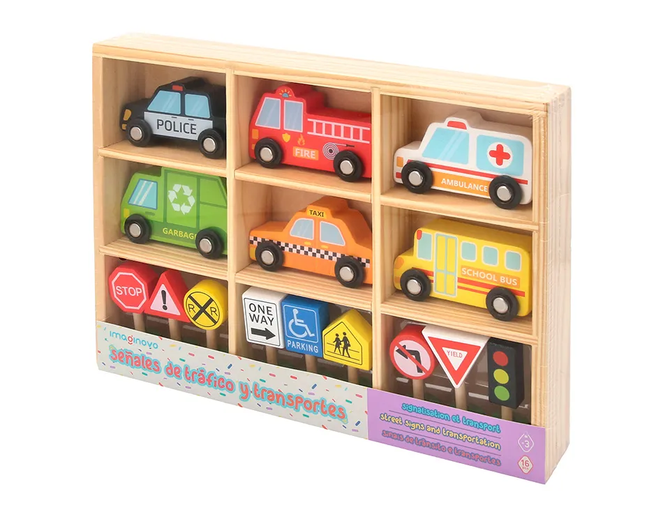 Jeu enfant imaginovo vehicules et panneaux signalisation bois +3 ans 16 pieces 30x22x4 cm