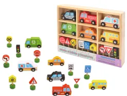 Jeu enfant imaginovo vehicules et panneaux signalisation bois +3 ans 16 pieces 30x22x4 cm