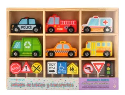 Jeu enfant imaginovo vehicules et panneaux signalisation bois +3 ans 16 pieces 30x22x4 cm