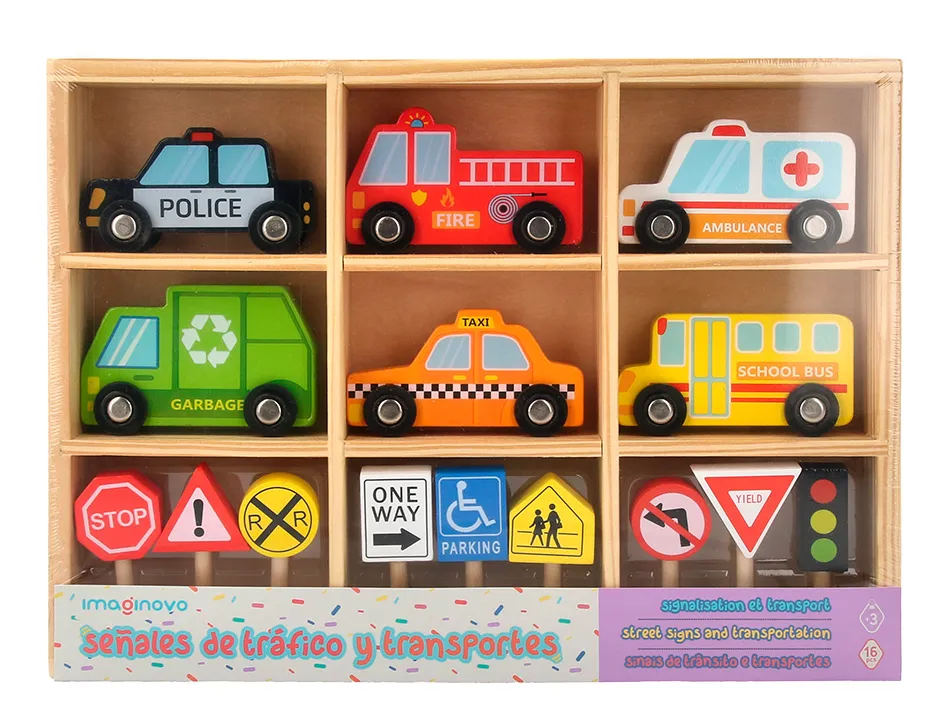 Jeu enfant imaginovo vehicules et panneaux signalisation bois +3 ans 16 pieces 30x22x4 cm