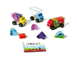 Jeu interdacta bahuts malins 3 camions bois + 10 pieces colorees plastique + 1 livret avec defis