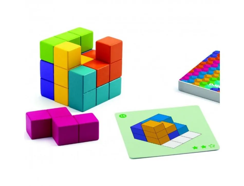 Jeu interdacta cubissimo 1 cube 7 pieces bois formes biscornues + 30 cartes defis + 1 livret instruction