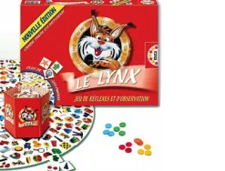 Jeu le lynx contient 1 plateau circulaire 9 pièces 400 cartes d'images 18 jetons 6 coloris 1/6 joueurs