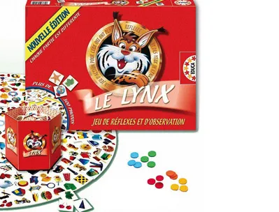 Jeu le lynx contient 1 plateau circulaire 9 pièces 400 cartes d'images 18 jetons 6 coloris 1/6 joueurs