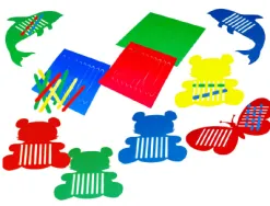 Jeu mon premier tissage contient 270 bandes 12 planches 12 animaux prédécoupés en plastique souple coloris assortis