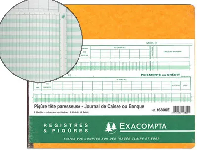Journal exacompta caisse/banque tête paresseuse 270x320mm horizontal 31 lignes 80 pages 13 débits 6 crédits