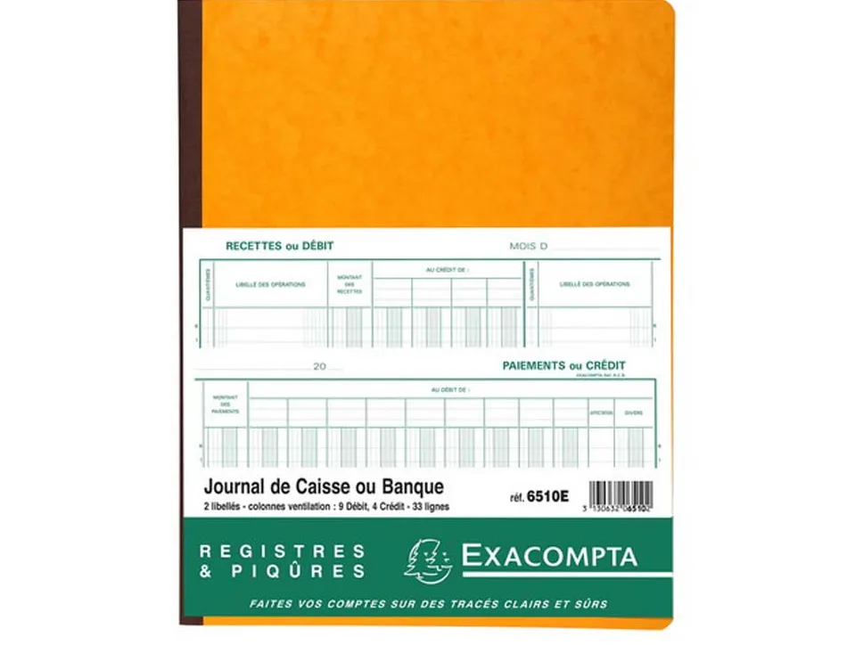 Journal exacompta caisse/banque 250x320mm vertical 33 lignes 80 pages 2 libellés 9 débits 4 crédits