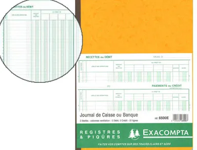 Journal exacompta caisse/banque 250x320mm vertical 33 lignes 80 pages 2 libellés 5 débits 5 crédits