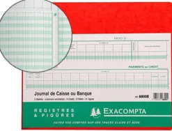 Journal exacompta caisse/banque 270x320mm horizontal 31 lignes 80 pages 2 libellés 9 débits 4 crédits