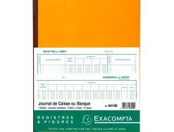 Journal exacompta caisse/banque 270x320mm horizontal 31 lignes 80 pages 2 libellés 9 débits 4 crédits