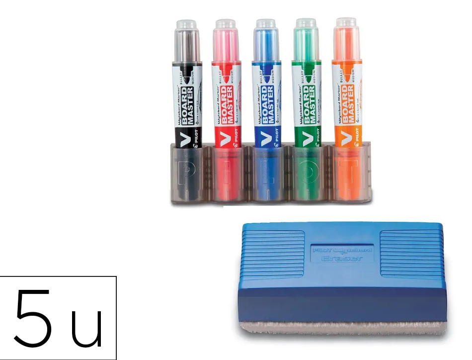 Kit 5 marqueurs pilot v-board master recycle pointe ogive large 6 mm avec 1 support et 1 brosse