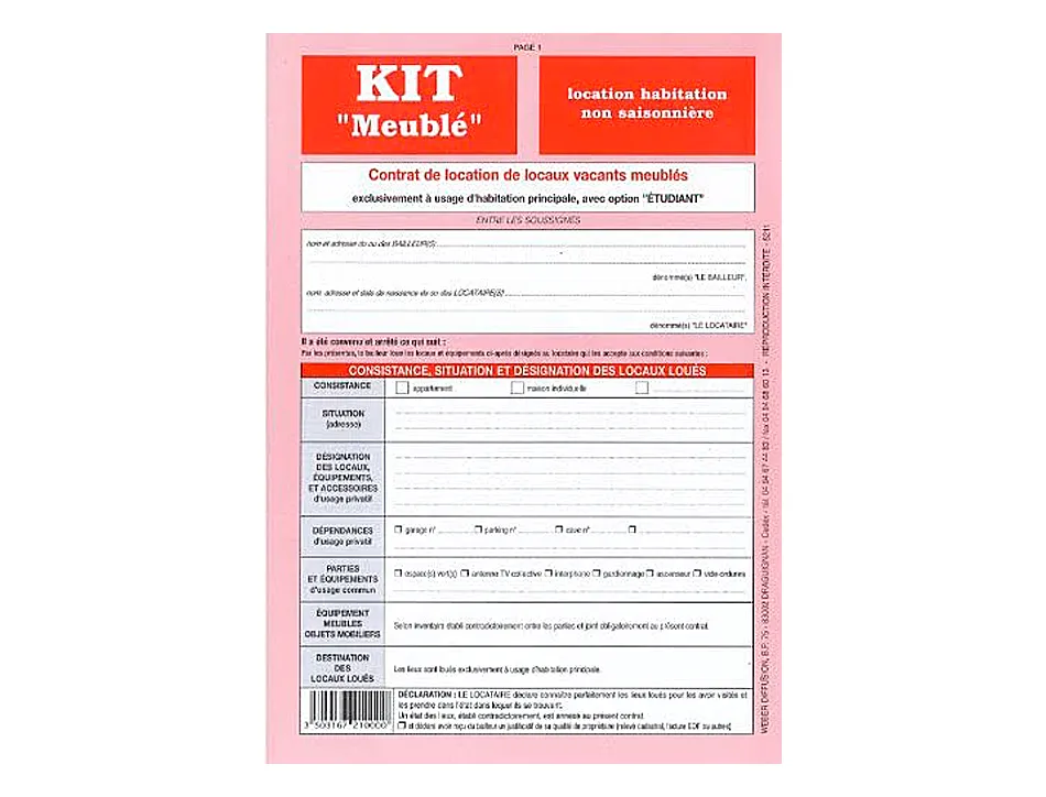 Kit contrat location meublée non saisonnière weber diffusion 8 pages contrat inventaire caution état lieux entrée sortie