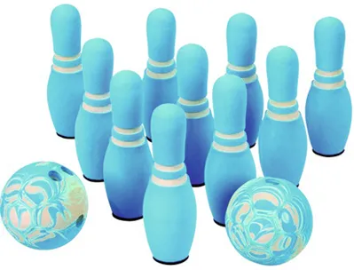 Kit initiation bowling mousse contient 10 quilles 2 balles 1 sac de rangement coloris bleu
