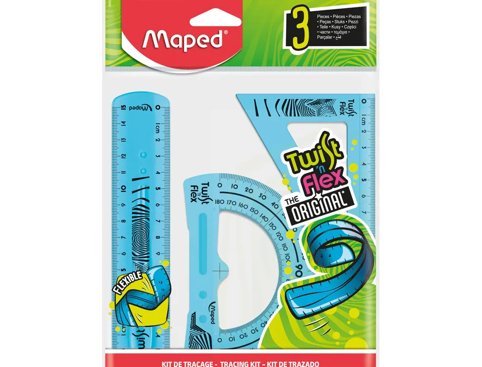 Kit maped twist'n'fix 3 pièces souple incassable règle 15 cm équerre 60 degrés 15cm rapporteur 180 degrés 10cm assortis