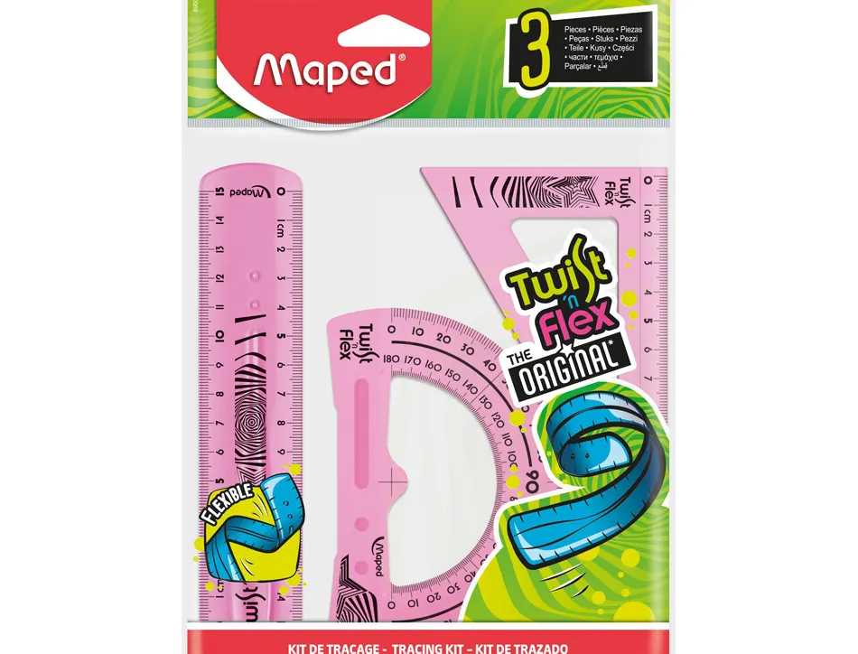 Kit maped twist'n'fix 3 pièces souple incassable règle 15 cm équerre 60 degrés 15cm rapporteur 180 degrés 10cm assortis