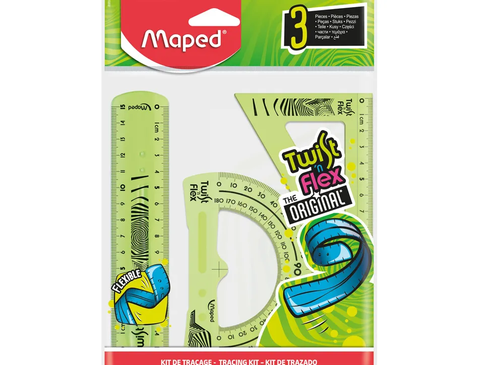 Kit maped twist'n'fix 3 pièces souple incassable règle 15 cm équerre 60 degrés 15cm rapporteur 180 degrés 10cm assortis