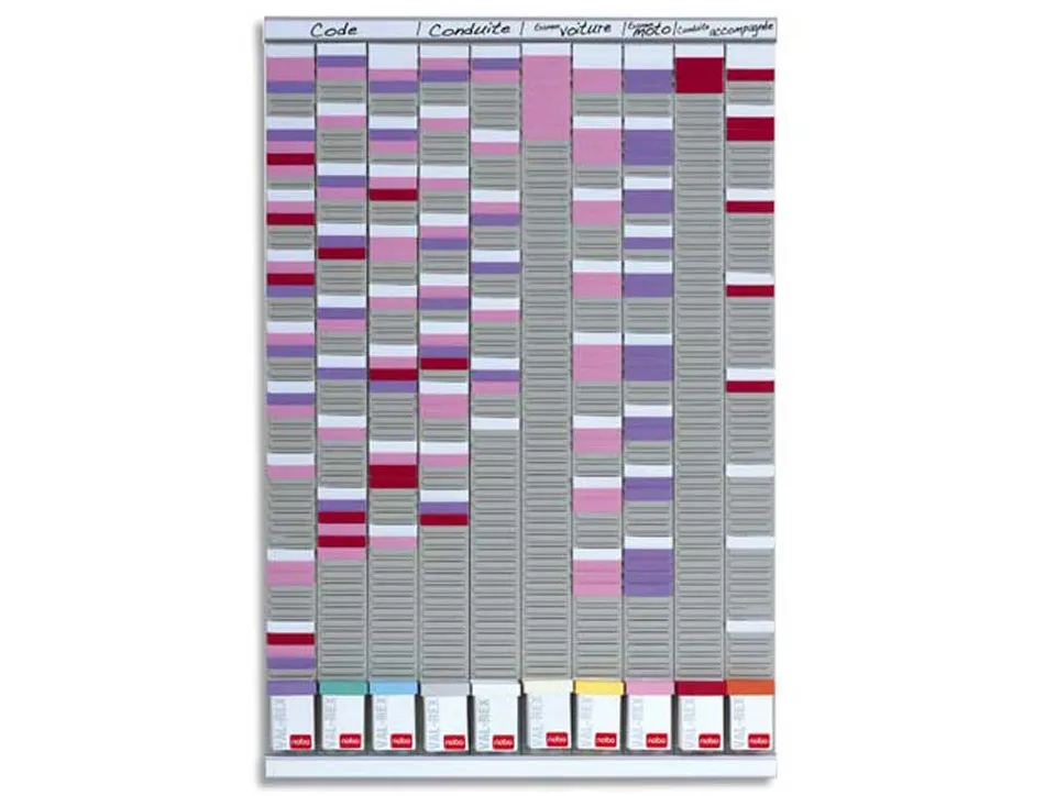 Kit planning nobo hebdomadaire polyvalent 10 colonnes 54 fentes livré avec 1000 fiches indice 2 10 coloris 96x64.5cm