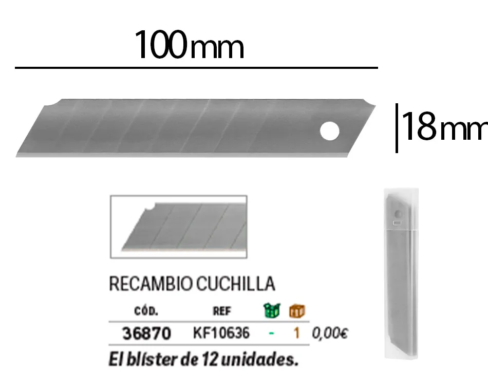 Lame 18mm de rechange q-connect pour cutters kf10632/kf10635/kf10937/kf10634 blister 12 unites
