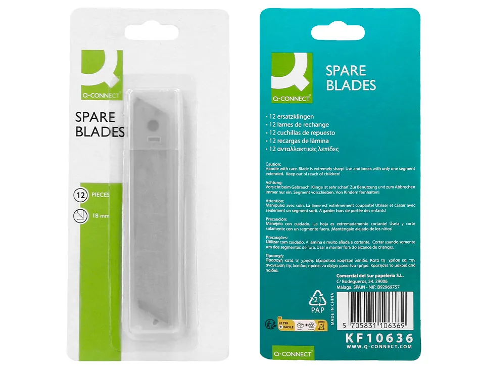 Lame 18mm de rechange q-connect pour cutters kf10632/kf10635/kf10937/kf10634 blister 12 unites