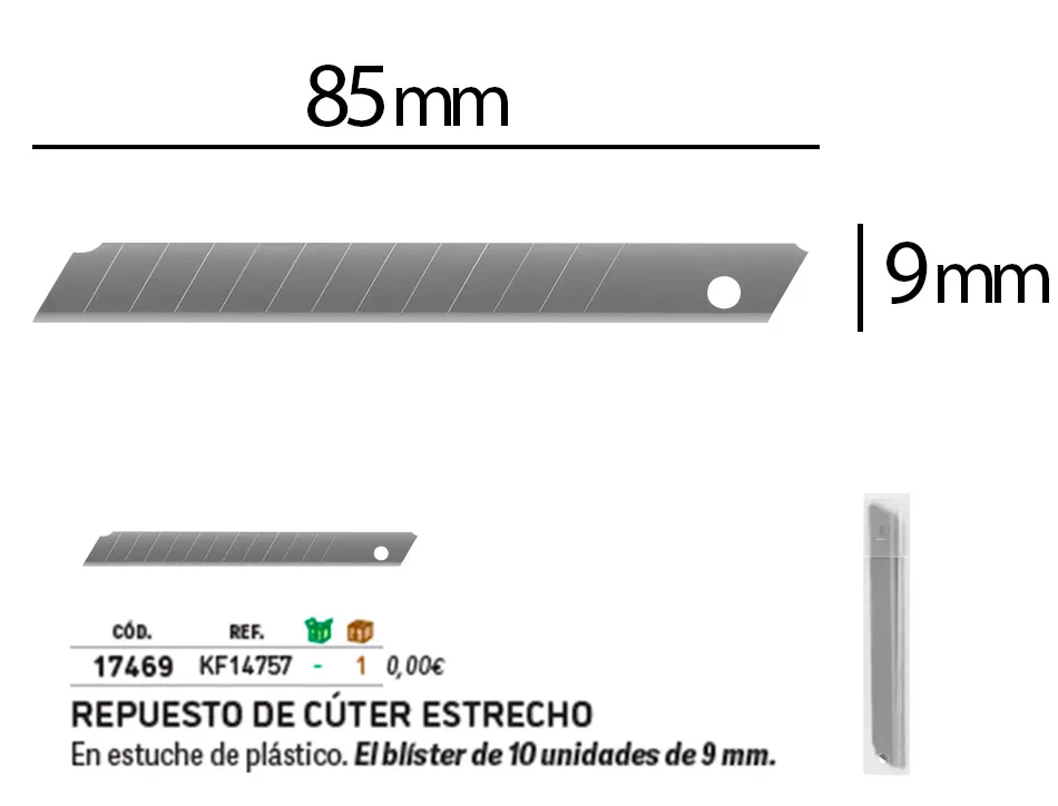 Lame 9mm de rechange q-connectpour cutters kf10631/kf00234/kf10940/kf10938/kf10934 blister 10 unites