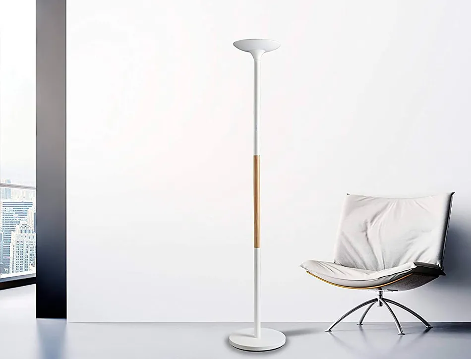 Lampadaire unilux led pryska metal laque et bois variateur 4000 lumen coloris blanc/hetre