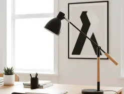 Lampe bureau q-connect deneb metal details bois interrupteur double articulation coloris noir