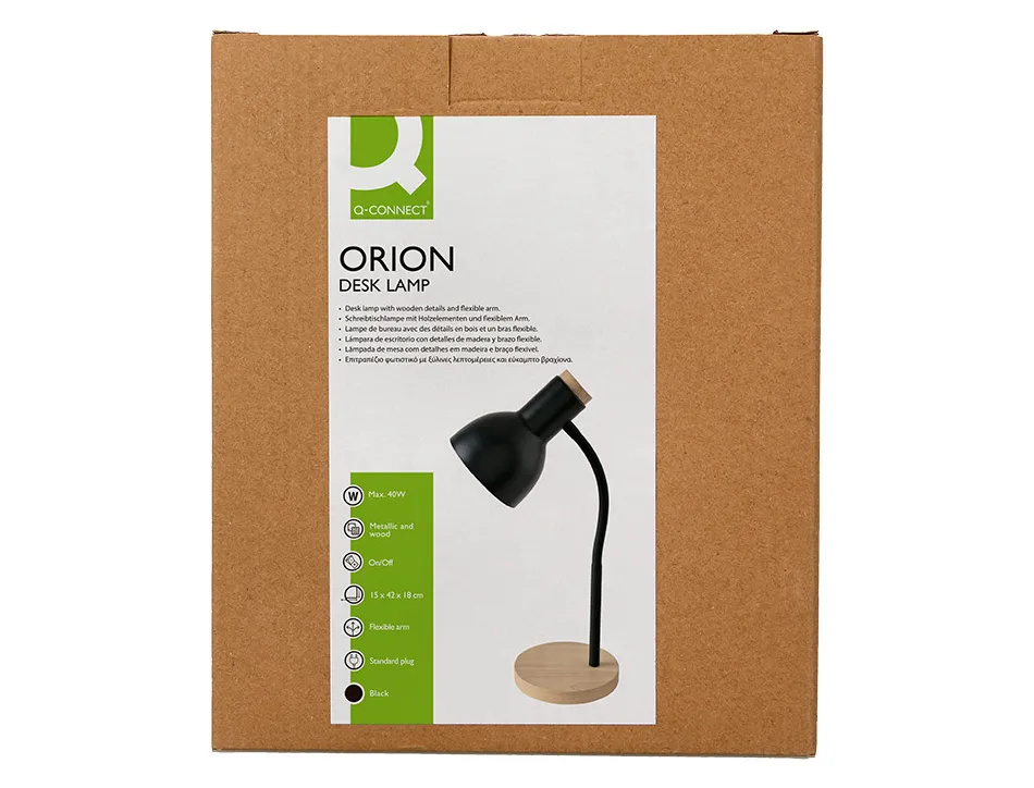Lampe bureau q-connect orion metal details bois bras flexible coloris noir