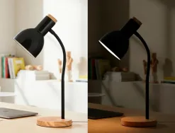 Lampe bureau q-connect orion metal details bois bras flexible coloris noir