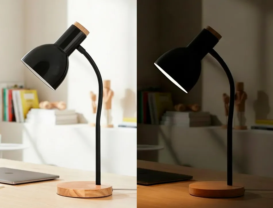 Lampe bureau q-connect orion metal details bois bras flexible coloris noir