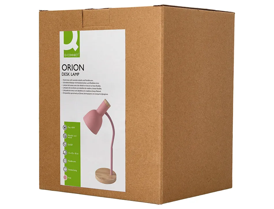 Lampe bureau q-connect orion metal details bois bras flexible coloris rose