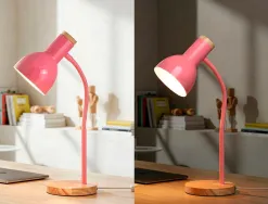Lampe bureau q-connect orion metal details bois bras flexible coloris rose