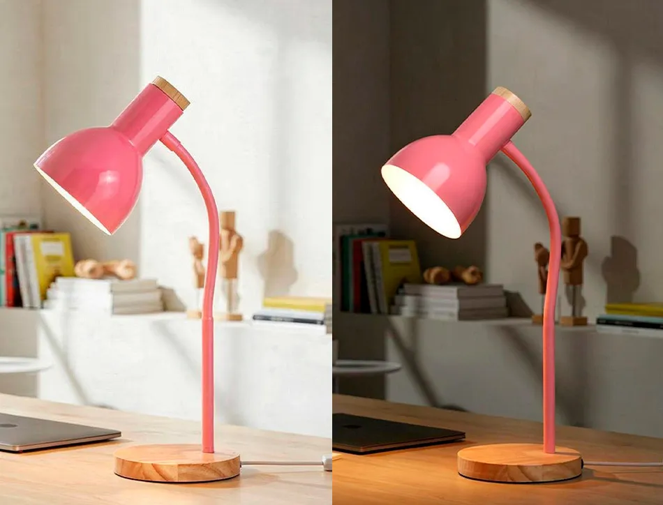 Lampe bureau q-connect orion metal details bois bras flexible coloris rose