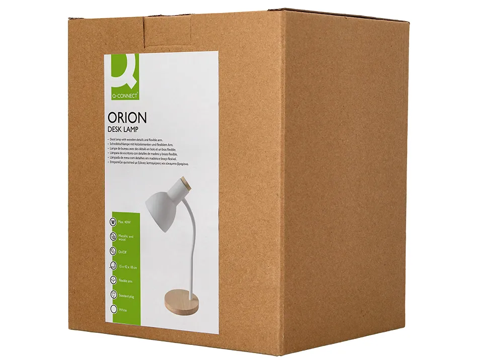 Lampe bureau q-connect orion metal details bois bras flexible coloris blanc