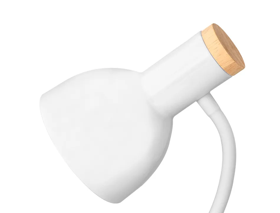 Lampe bureau q-connect orion metal details bois bras flexible coloris blanc