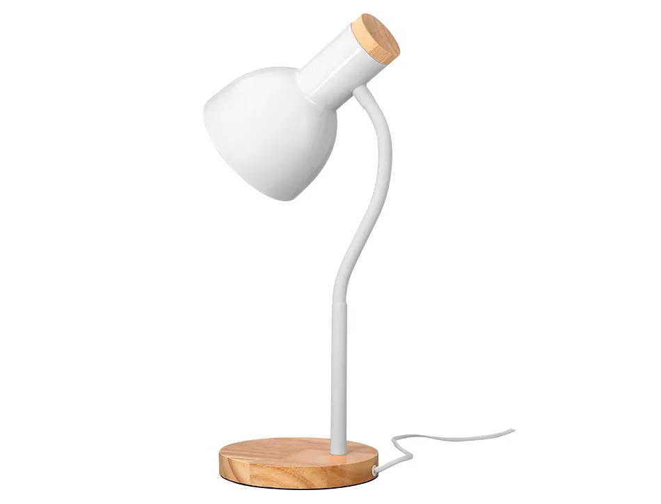 Lampe bureau q-connect orion metal details bois bras flexible coloris blanc